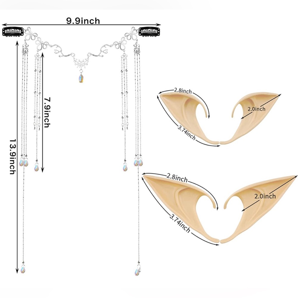 Elf Ears & Headpiece Set 2 Pairs Latex Fairy Ears + Silver Head Pc